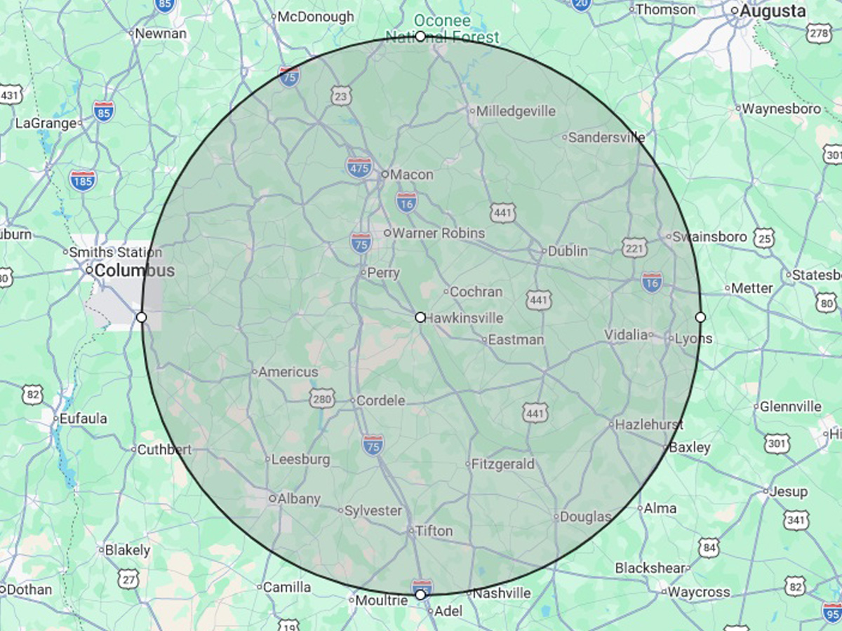 Ocmulgee Southern Wash 75-mile residential service area map covering Perry, Georgia and Houston County